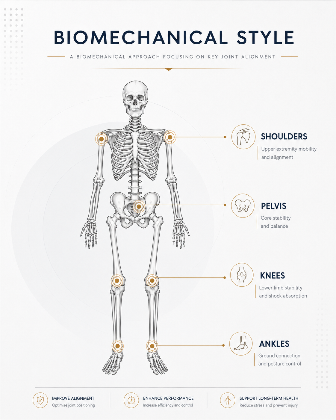 Biomechanical style map showing skeleton joint alignment for shoulders, pelvis, knees, and ankles